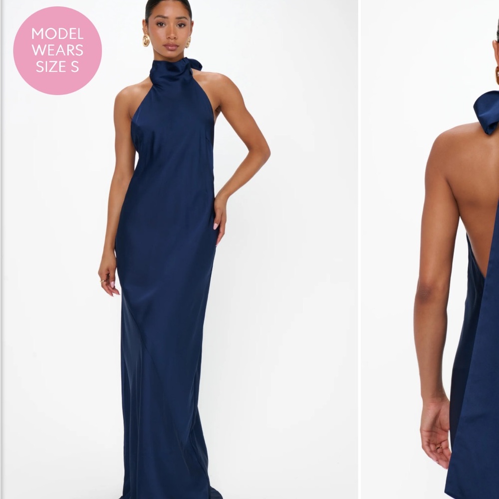 Show Me Your MuMu Navy Halter Backless Satin Gown